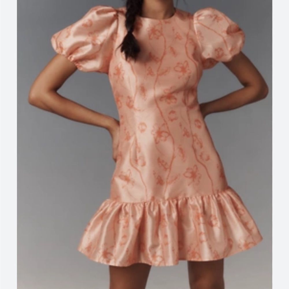 ANTHROPOLOGIE HUTCH Elegant Peach Puff Sleeve Ruffled Shift Dress XS